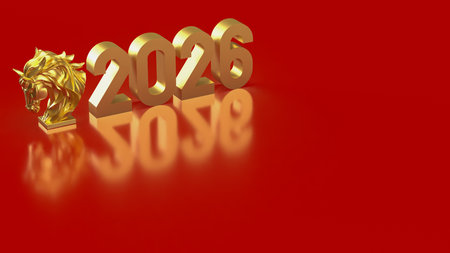 A golden horse head sculpture beside large â2026â numbers on a vibrant red background, symbolizing power, fortune, Lunar New Year celebrations, and auspicious beginnings.の写真素材