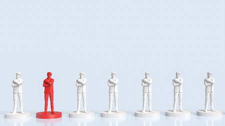 A red standout figure among identical white figures symbolizes leadership, individuality, uniqueness, personal branding, recruitment, and the concept of standing out from the crowd.の写真素材