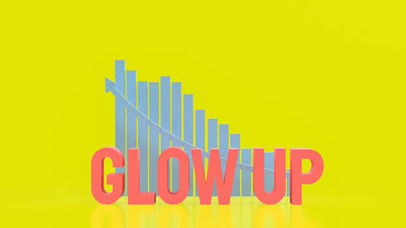 Bold GLOW UP  text with a descending bar chart symbolizes transformation, personal growth, improvement, and rising potential despite challenges, in a bright minimalist design.の写真素材