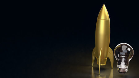 A golden rocket beside a clear light bulb on a dark background, representing innovation, startup growth, creativity, new ideas, technology development, and successful project launches.の写真素材