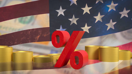 A bold red percent symbol over the USA. flag and gold coins, representing interest rates, economic policy, inflation, and financial market reactions in the American economy.の写真素材
