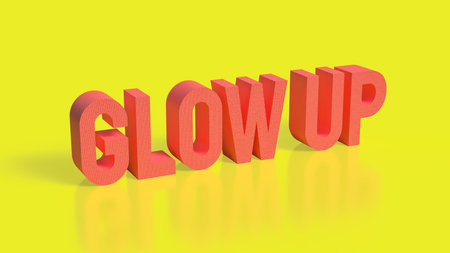 Bold 3D  GLOW UP text on a bright yellow background, symbolizing personal improvement,...