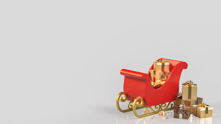 A festive red Christmas sleigh filled with sparkling golden presents, symbolizing holiday joy, celebration, winter magic, and seasonal gift giving.の写真素材
