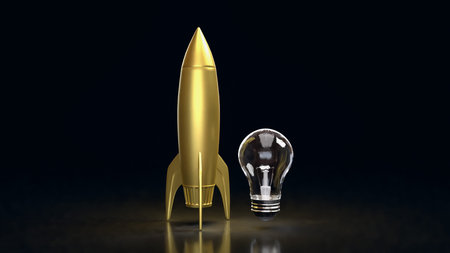 A golden rocket beside a clear light bulb on a dark background, representing innovation, startup...