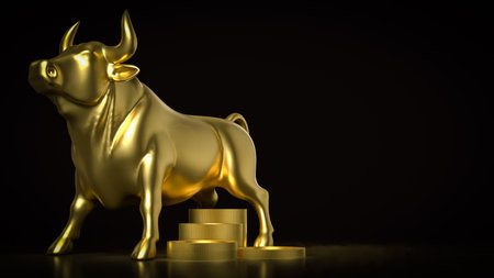 A shiny golden bull standing beside stacked gold coins, representing financial strength, investment growth, prosperity, and bullish market trends in finance and economics.の写真素材