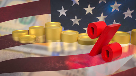 A bold red percent symbol over the USA. flag and gold coins, representing interest rates, economic policy, inflation, and financial market reactions in the American economy.の写真素材