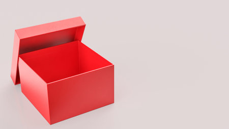 Simple open red gift box on a soft pastel background, perfect for themes of celebration, packaging,...