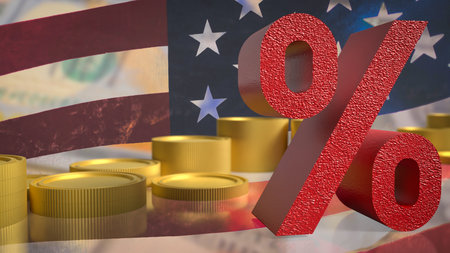 A bold red percent symbol over the USA. flag and gold coins, representing interest rates, economic policy, inflation, and financial market reactions in the American economy.の写真素材