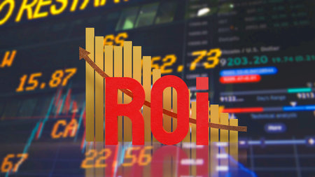 ROI concept with bar chart and trend line over financial market dashboard, representing investment performance, profitability analysis, business growth, and strategic financial decision making.の写真素材