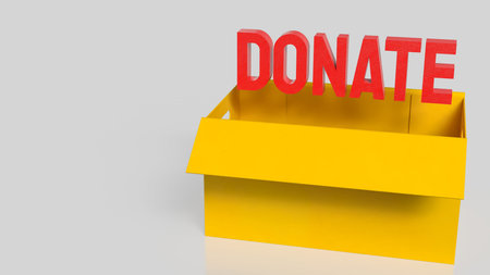 3D illustration of donate text emerging from a yellow donation box, representing charity,...