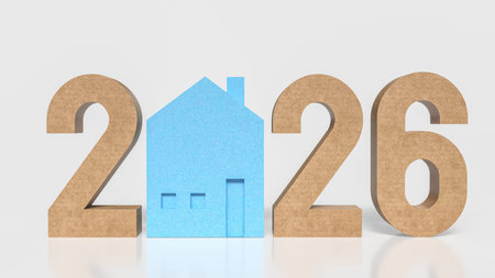 Minimal 3D illustration of 2026 with a house icon, representing future housing market, home...