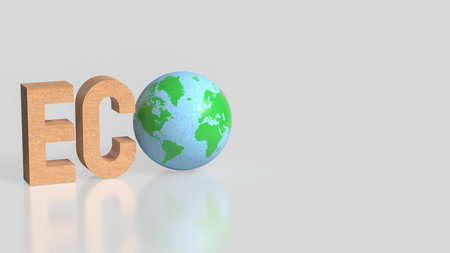 Eco concept featuring wooden letters and green Earth globe, symbolizing sustainability,...