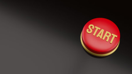 3D illustration of a red start button on dark background, symbolizing new beginning, business...