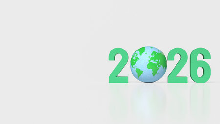 Minimal 3D illustration of 2026 with Earth globe as zero, representing global sustainability,...