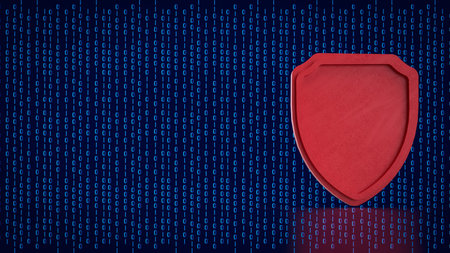 Abstract cybersecurity concept featuring a red shield over binary code, symbolizing digital protection, network security, data defense, and cyber risk prevention.の写真素材