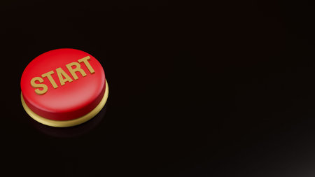 3D illustration of a red start button on dark background, symbolizing new beginning, business...
