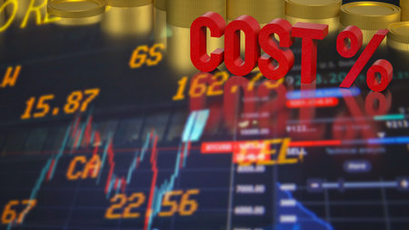 3D red cost text with percentage symbol over financial charts and gold coins, representing rising expenses, inflation pressure, cost analysis, and financial risk management.の写真素材