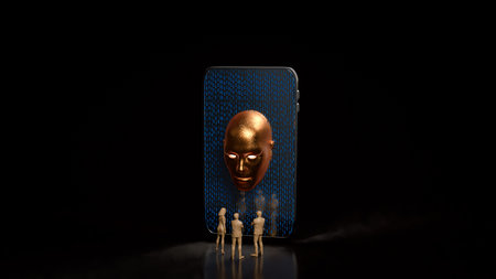 Conceptual illustration of people facing an artificial intelligence face on a smartphone,...
