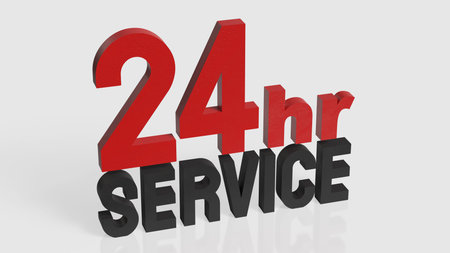 3D illustration of 24 hour service text representing nonstop customer support, technical assistance,...