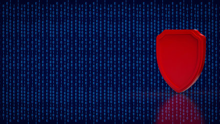 Abstract cybersecurity concept featuring a red shield over binary code, symbolizing digital protection, network security, data defense, and cyber risk prevention.の写真素材