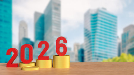 Business and financial growth concept showing 2026 numbers on gold coins with modern city...