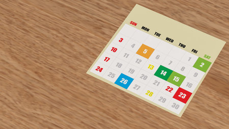 Clean and colorful monthly calendar placed on a wooden desk, representing planning, scheduling, time...