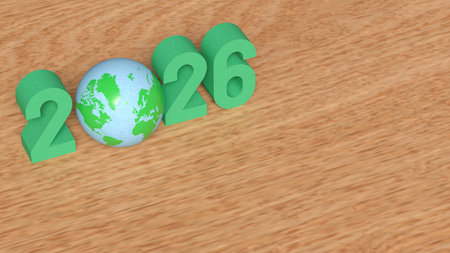 3D illustration of the year 2026 with Earth globe as zero, symbolizing global sustainability, green...