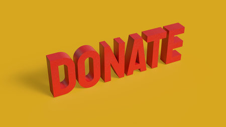 Minimal 3D illustration of red donate text on yellow background, symbolizing charity, social...