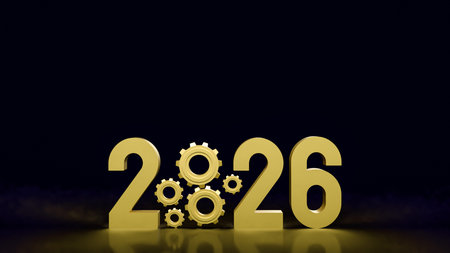 3D illustration of 2026 with golden gears symbolizing business innovation, industrial technology,...