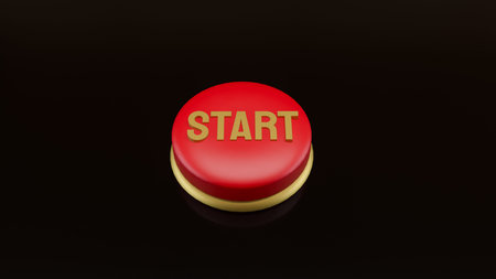 3D illustration of a red start button on dark background, symbolizing new beginning, business...