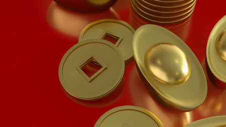 Elegant 3D render of golden Chinese ingots and coins symbolizing wealth, prosperity, fortune, and financial success, set against a vibrant red background.の写真素材