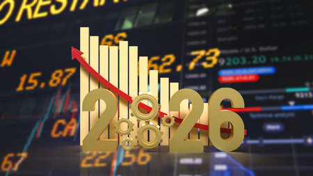 3D illustration of 2026 with gears and rising bar chart, symbolizing business growth, financial...