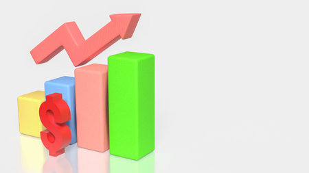 3D illustration of a dollar symbol with colorful bar chart and upward arrow, representing revenue...