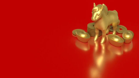 Luxury 3D illustration of a golden horse surrounded by Chinese gold ingots and coins, symbolizing wealth, strength, success, and prosperity on a red background.の写真素材