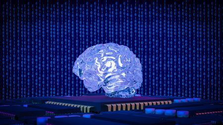 Futuristic illustration of an artificial intelligence brain integrated with microchips and binary...