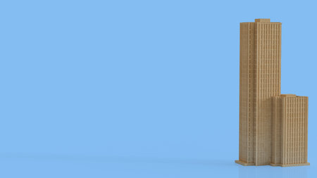 Minimal wooden skyscraper building concept on blue background representing sustainable architecture modern construction urban design and eco friendly development with copy spaceの写真素材