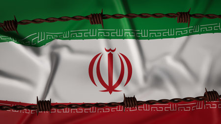Iranian national flag behind barbed wire symbolizing economic sanctions, political isolation, international pressure, human rights concerns, and geopolitical tension affecting Iran and global relations.の写真素材