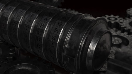 Dark industrial concept showing mechanical code lock with rotating letter wheels and gears, symbolizing security, encryption, password protection, technology, and complex data systems.の写真素材