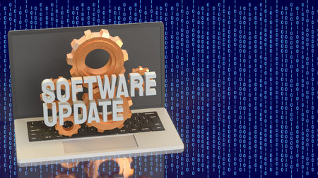 Laptop software update concept with gears and binary code representing system upgrade digital...