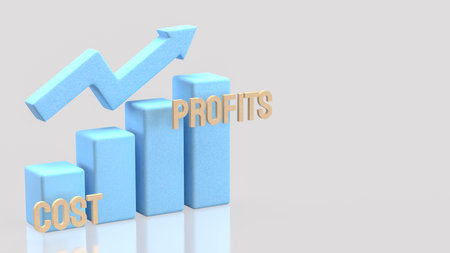 3D illustration of increasing business profits with rising bar chart and upward arrow, symbolizing financial growth, revenue improvement, cost management, and successful business performance.の写真素材