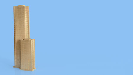 Minimal wooden skyscraper building concept on blue background representing sustainable architecture modern construction urban design and eco friendly development with copy spaceの写真素材