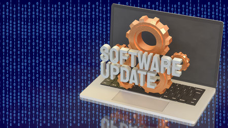 Laptop software update concept with gears and binary code representing system upgrade digital...