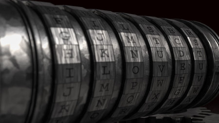 Dark industrial concept showing mechanical code lock with rotating letter wheels and gears,...
