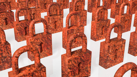 Multiple rusty padlocks arranged in rows symbolizing outdated security restriction decay...