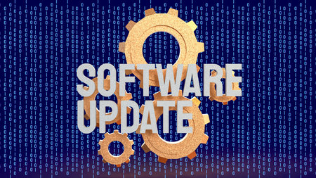 Software update concept with metallic gears and binary code background representing system upgrade...