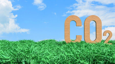 CO2 carbon dioxide symbol standing on green grass under blue sky representing climate change...