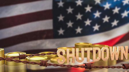 Government shutdown text with barbed wire and stacked coins over United States flag representing budget crisis political conflict economic impact and federal funding disruptionの写真素材