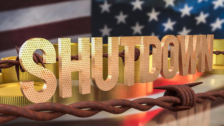 Government shutdown text with barbed wire and stacked coins over United States flag representing budget crisis political conflict economic impact and federal funding disruptionの写真素材