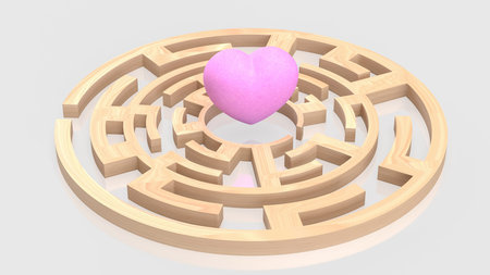 Pink heart above wooden maze symbolizing emotional journey love decisions relationship challenges mental health and finding the right path conceptの写真素材