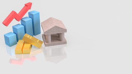 Gold bars bank building and rising chart representing financial growth investment security economic stability asset management and long term wealth strategyの写真素材